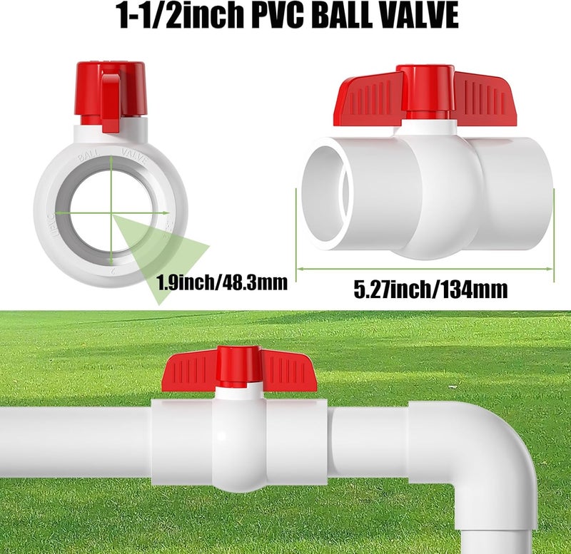 EPHECH 5PCS 1-1/2" PVC Ball Valve, SCH40 Slip PVC Water Pipe Valve with Easy Turn Red T-Handle, Shut-Off Ball Valve Socket for Swimming Pool, Sprinkler Lines, Outdoor Plumbing & Irrigation System - Image 2